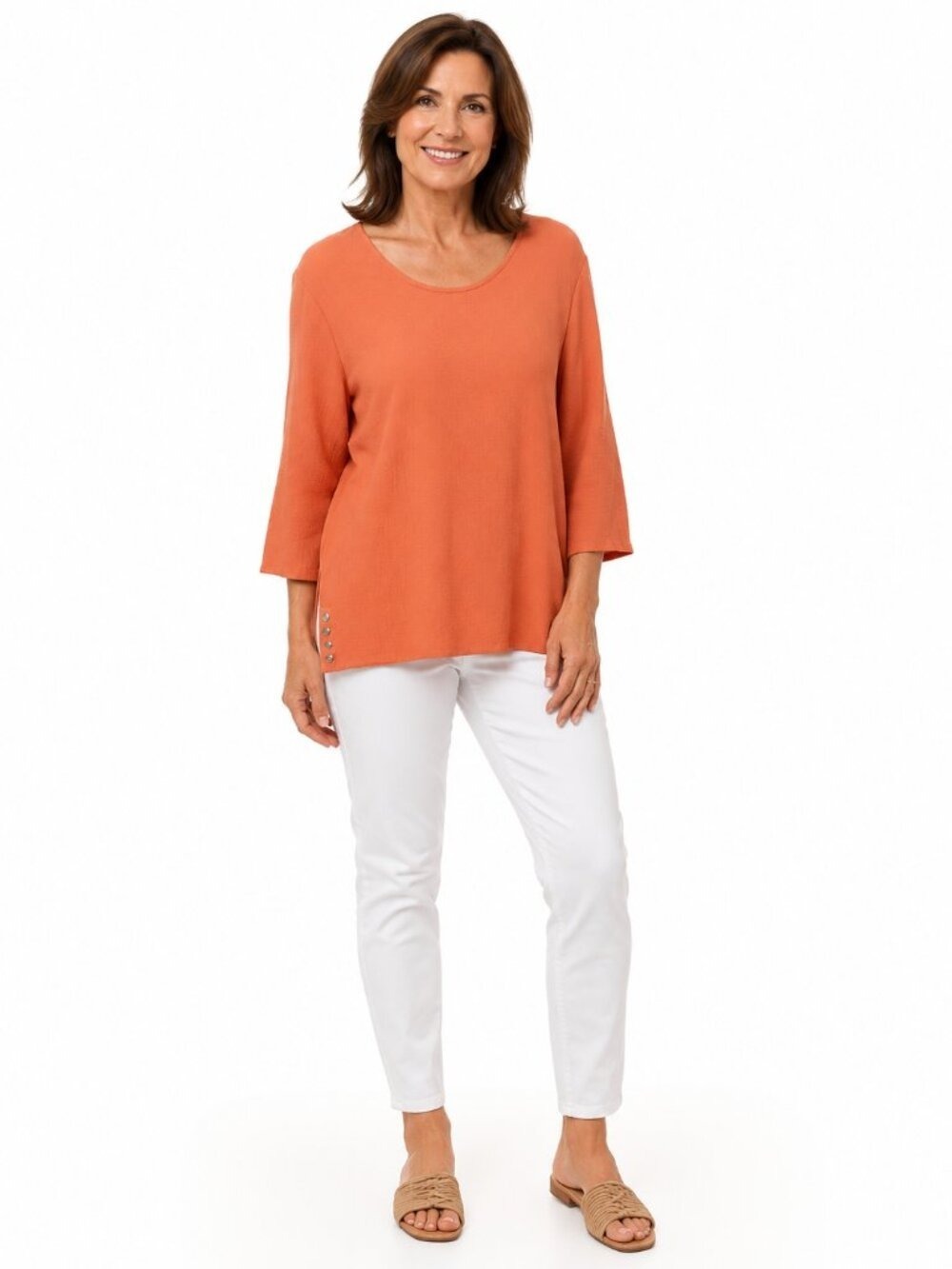 Peck & Peck Coral Crinkle 3/4 Sleeve Tunic Top XL – Side Button Detail EUC